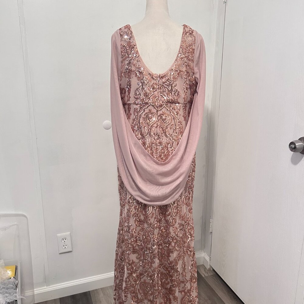 R&M Richards Sequin Gown with Chiffon Wrap Around Cape - Picture 2 of 8